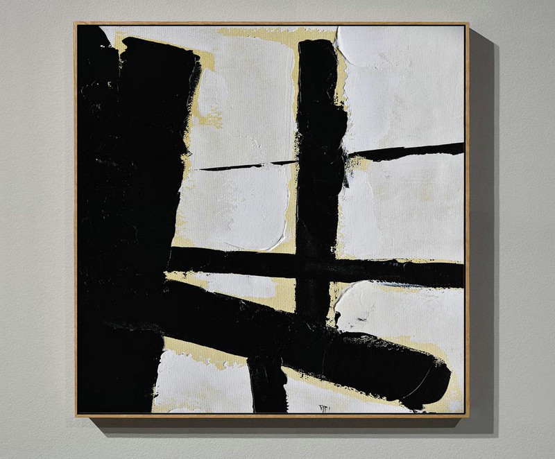 Handmade Extra Large Contemporary Painting,Handmade Minimal Art Palette Knife Canvas Painting, Black White Beige - Canvas Artwork For Sale